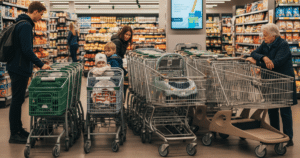 Erilaiset ostoskärryt ruokakaupassa.