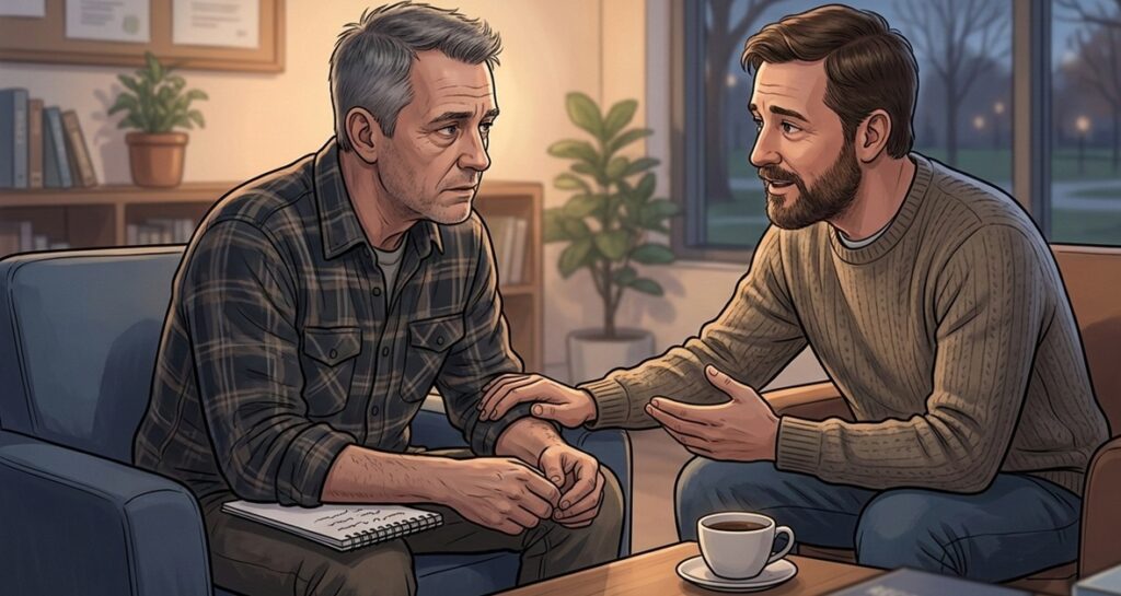 Alkoholismin hoitoa vertaisvalmennuksella.